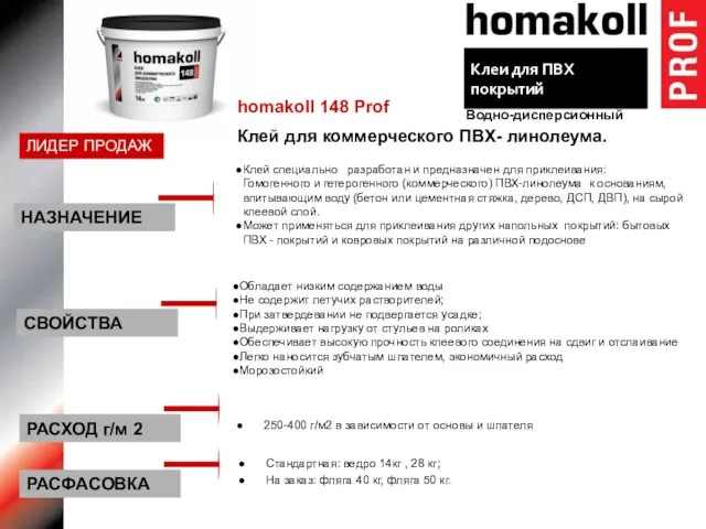 homakoll 148 Prof Клей для коммерческого ПВХ- линолеума. Клей специально разработан и