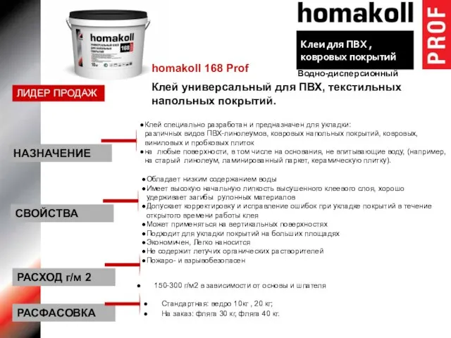 homakoll 168 Prof Клей универсальный для ПВХ, текстильных напольных покрытий. Клей специально