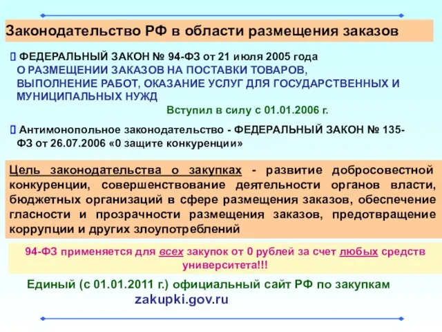 ФЕДЕРАЛЬНЫЙ ЗАКОН № 94-ФЗ от 21 июля 2005 года О РАЗМЕЩЕНИИ ЗАКАЗОВ