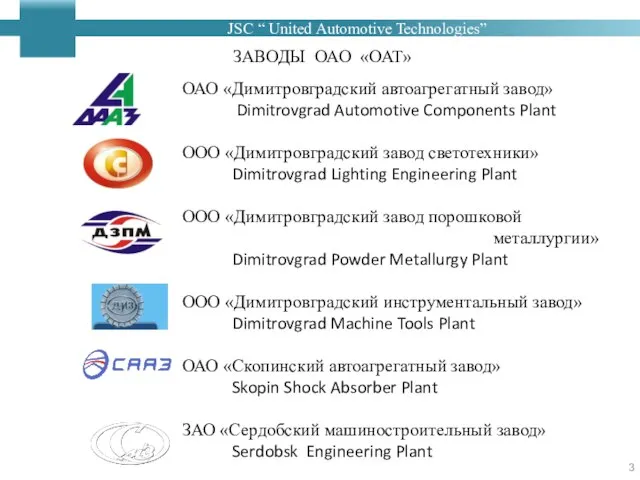 ЗАВОДЫ ОАО «ОАТ» ОАО «Димитровградский автоагрегатный завод» Dimitrovgrad Automotive Components Plant ООО