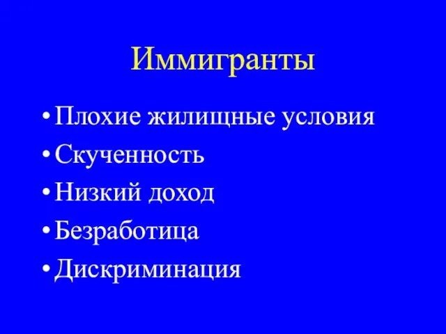 Иммигранты Плохие жилищные условия Скученность Низкий доход Безработица Дискриминация