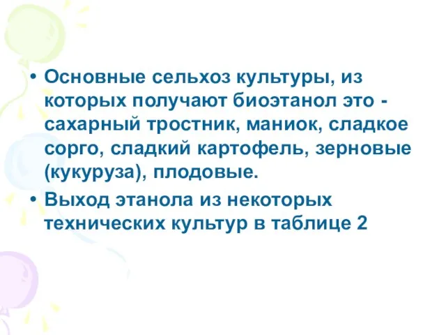 Основные сельхоз культуры, из которых получают биоэтанол это - сахарный тростник, маниок,