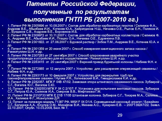 Патенты Российской Федерации, полученные по результатам выполнения ГНТП РБ (2007-2010 гг.) 1.