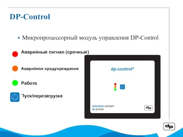 DP-Control Аварийный сигнал (срочный) Аварийное предупреждение Работа Пуск/перезагрузка Микропроцессорный модуль управления DP-Control
