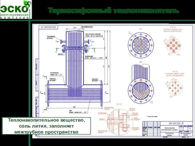 Термосифонный теплонакопитель Теплонакопительное вещество, соль лития, заполняет межтрубное пространство