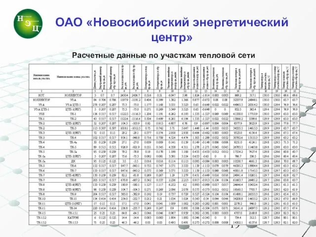 ОАО «Новосибирский энергетический центр» Расчетные данные по участкам тепловой сети