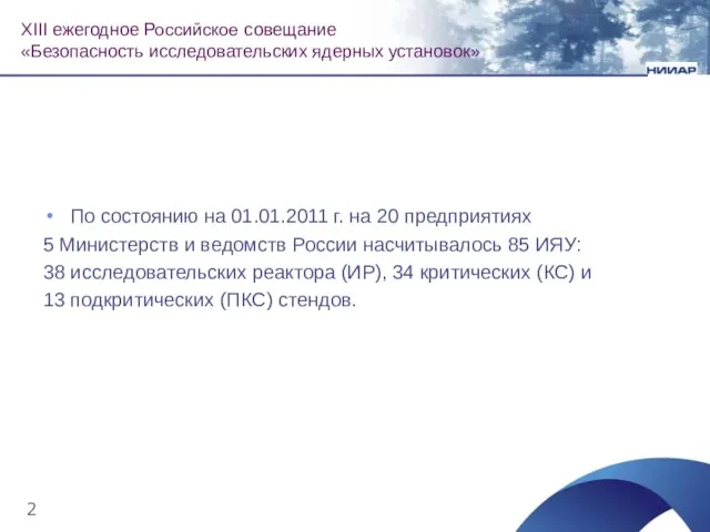 XIII ежегодное Российское совещание «Безопасность исследовательских ядерных установок» По состоянию на 01.01.2011