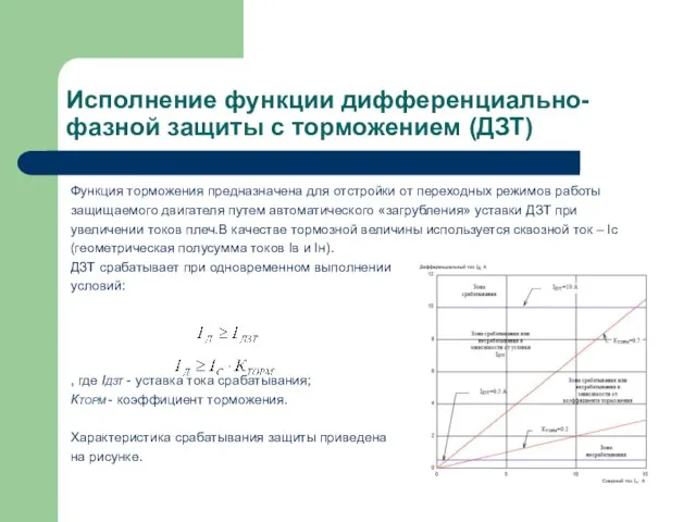 Исполнение функции дифференциально-фазной защиты с торможением (ДЗТ) Функция торможения предназначена для отстройки