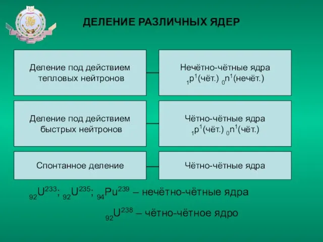 ДЕЛЕНИЕ РАЗЛИЧНЫХ ЯДЕР Деление под действием тепловых нейтронов Нечётно-чётные ядра 1р1(чёт.) 0n1(нечёт.)