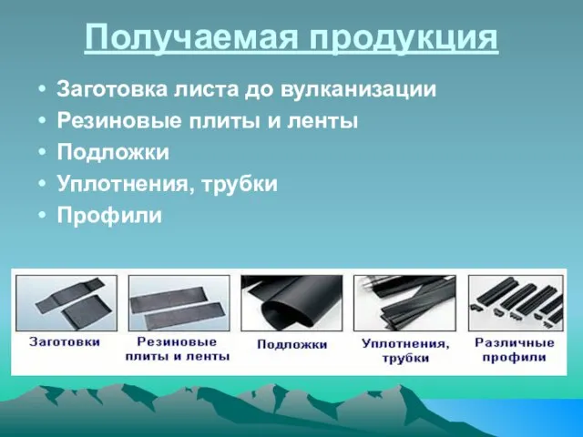 Получаемая продукция Заготовка листа до вулканизации Резиновые плиты и ленты Подложки Уплотнения, трубки Профили