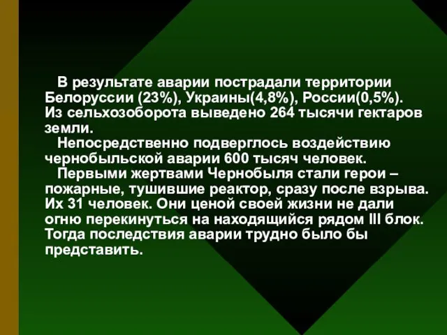 В результате аварии пострадали территории Белорусcии (23%), Украины(4,8%), России(0,5%). Из сельхозоборота выведено