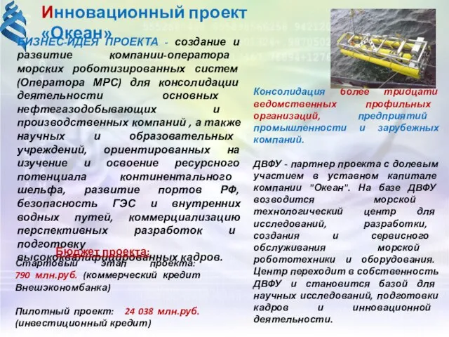 Инновационный проект «Океан» БИЗНЕС-ИДЕЯ ПРОЕКТА - создание и развитие компании-оператора морских роботизированных