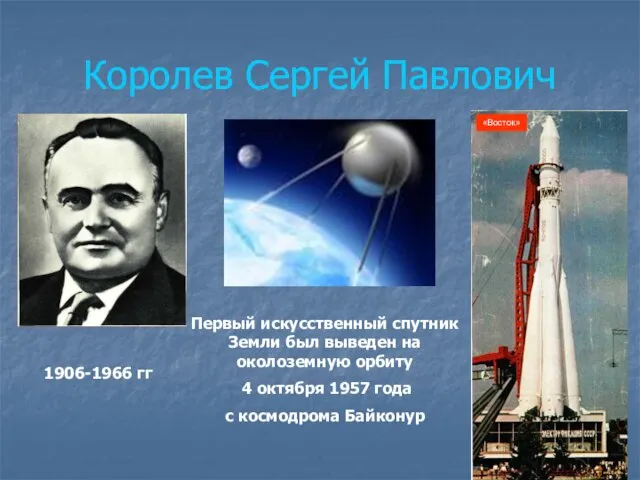 Королев Сергей Павлович «Восток» 1906-1966 гг Первый искусственный спутник Земли был выведен