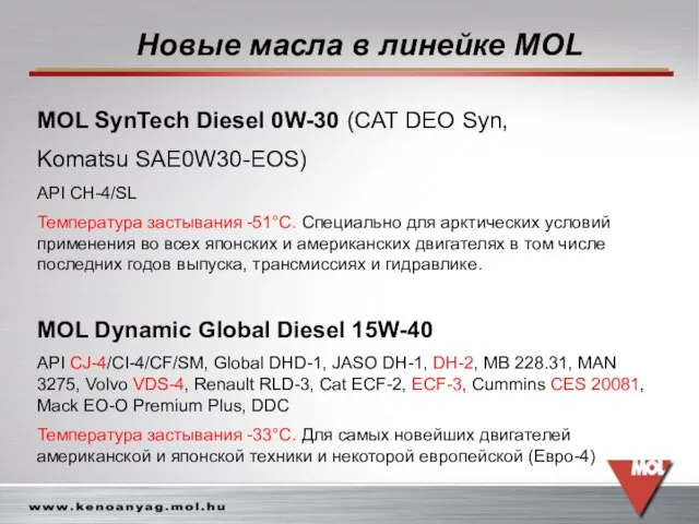Новые масла в линейке MOL MOL SynTech Diesel 0W-30 (CAT DEO Syn,
