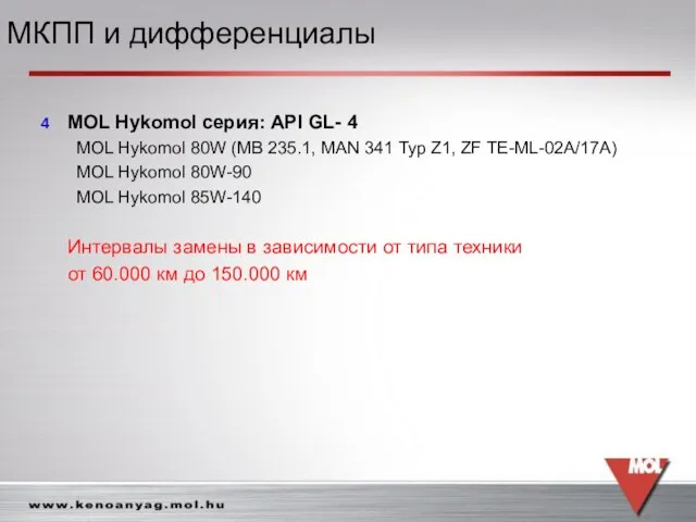 MOL Hykomol серия: API GL- 4 MOL Hykomol 80W (MB 235.1, MAN