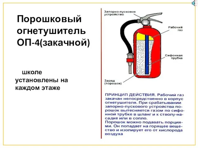 Номер кадра Порошковый огнетушитель ОП-4(закачной) В школе установлены на каждом этаже