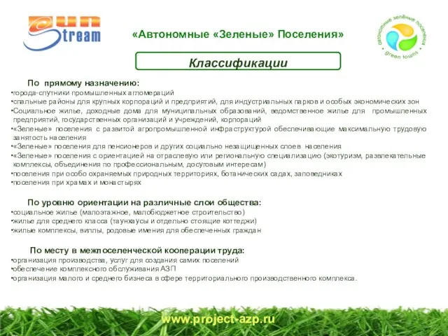 www.project-azp.ru Классификации По прямому назначению: города-спутники промышленных агломераций спальные районы для крупных