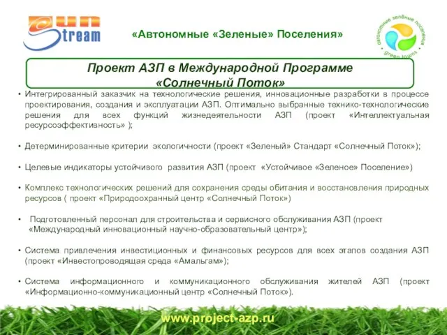 Проект АЗП в Международной Программе «Солнечный Поток» www.project-azp.ru Интегрированный заказчик на технологические