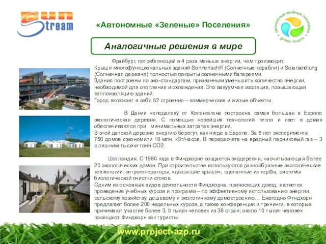 www.project-azp.ru Аналогичные решения в мире «Автономные «Зеленые» Поселения» В ГермФрайбург, потребляющий в