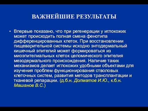 ВАЖНЕЙШИЕ РЕЗУЛЬТАТЫ Впервые показано, что при регенерации у иглокожих может происходить полная