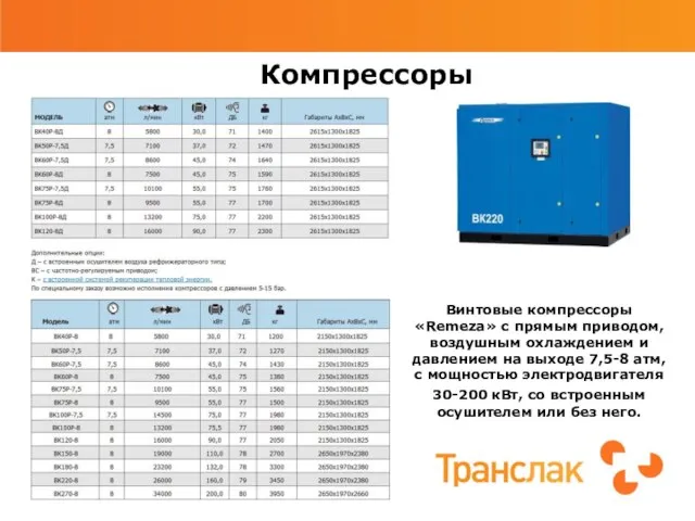 Компрессоры Винтовые компрессоры «Remeza» с прямым приводом, воздушным охлаждением и давлением на