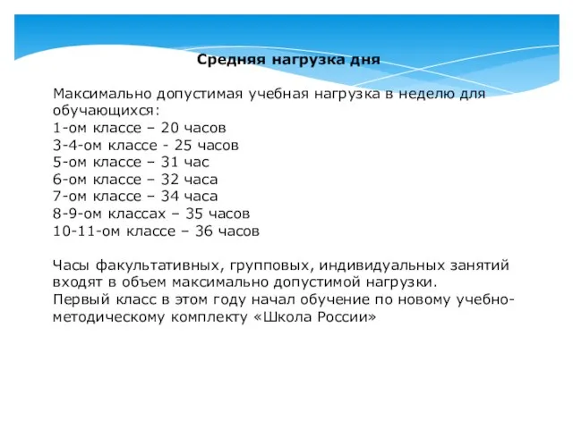 Средняя нагрузка дня Максимально допустимая учебная нагрузка в неделю для обучающихся: 1-ом