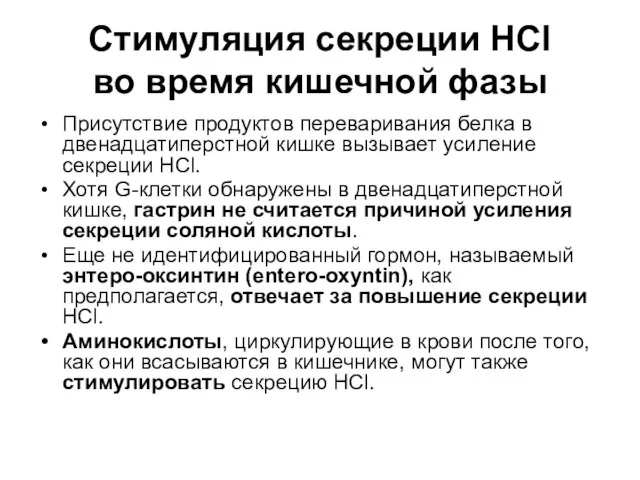 Стимуляция секреции HCl во время кишечной фазы Присутствие продуктов переваривания белка в