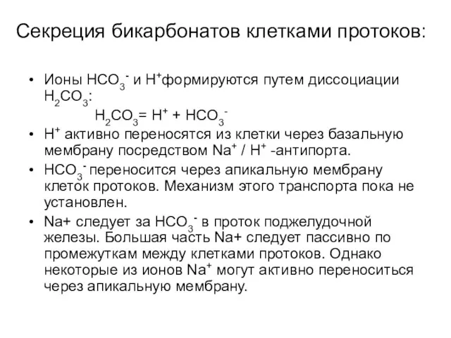 Секреция бикарбонатов клетками протоков: Ионы HCO3- и H+формируются путем диссоциации H2CO3: Н2СО3=