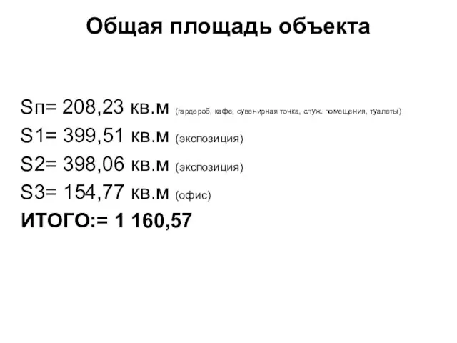 Общая площадь объекта Sп= 208,23 кв.м (гардероб, кафе, сувенирная точка, служ. помещения,