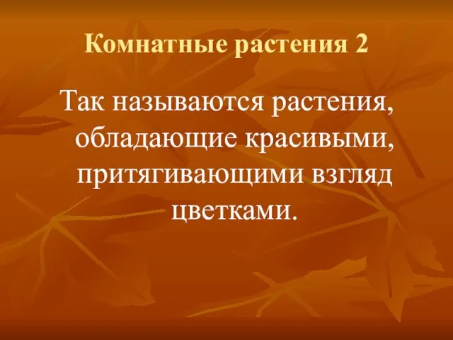 Комнатные растения 2 Так называются растения, обладающие красивыми, притягивающими взгляд цветками.