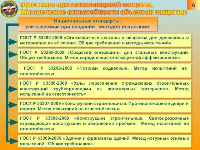 «Системы противопожарной защиты. Обеспечение огнестойкости объектов защиты» ГОСТ Р 53292-2009 «Огнезащитные составы