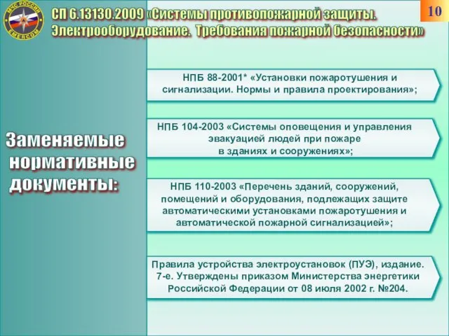 СП 6.13130.2009 «Системы противопожарной защиты. Электрооборудование. Требования пожарной безопасности» НПБ 104-2003 «Системы