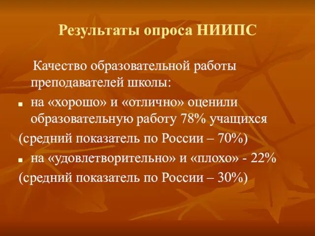 Результаты опроса НИИПС Качество образовательной работы преподавателей школы: на «хорошо» и «отлично»