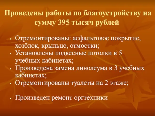 Проведены работы по благоустройству на сумму 395 тысяч рублей Отремонтированы: асфальтовое покрытие,