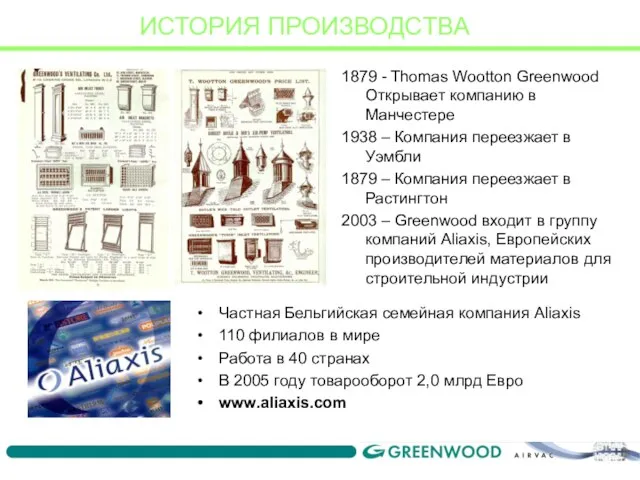 ИСТОРИЯ ПРОИЗВОДСТВА 1879 - Thomas Wootton Greenwood Открывает компанию в Манчестере 1938