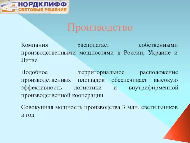 Производство Компания располагает собственными производственными мощностями в России, Украине и Литве Подобное