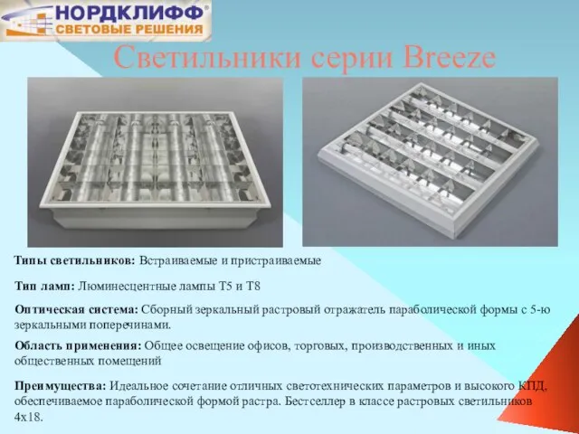 Светильники серии Breeze Оптическая система: Сборный зеркальный растровый отражатель параболической формы с