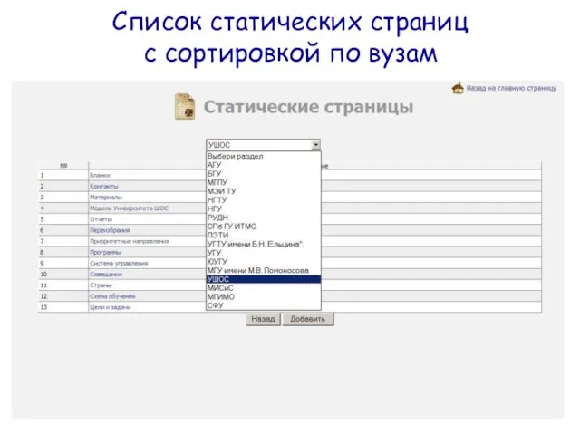 Список статических страниц с сортировкой по вузам