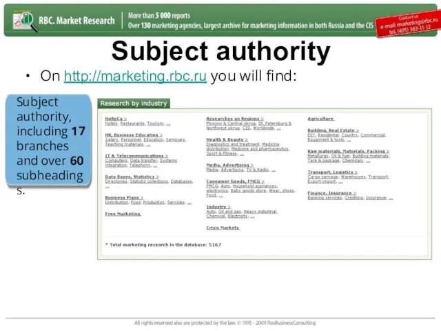 Subject authority On http://marketing.rbc.ru you will find: Subject authority, including 17 branches and over 60 subheadings.