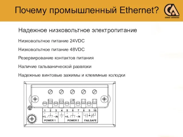 Почему промышленный Ethernet? Надежное низковольтное электропитание Низковольтное питание 24VDC Низковольтное питание 48VDC