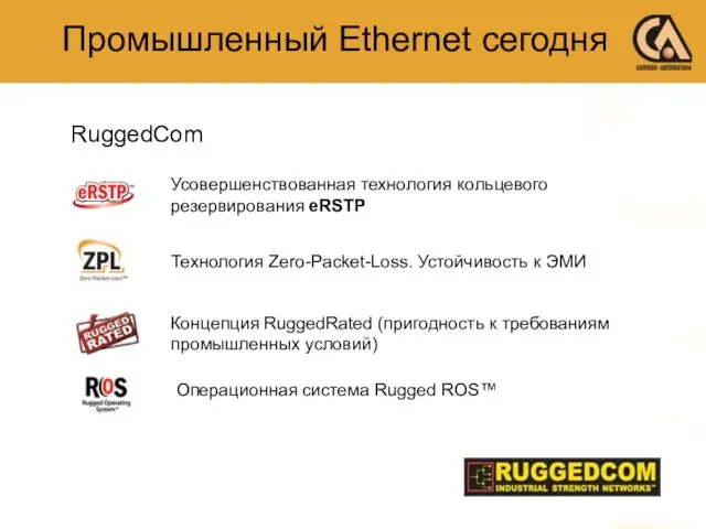RuggedCom Усовершенствованная технология кольцевого резервирования eRSTP Технология Zero-Packet-Loss. Устойчивость к ЭМИ Концепция