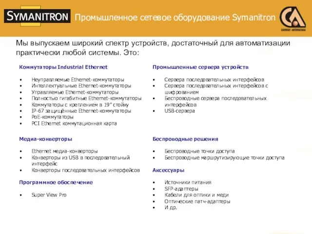 Промышленное сетевое оборудование Symanitron Мы выпускаем широкий спектр устройств, достаточный для автоматизации практически любой системы. Это: