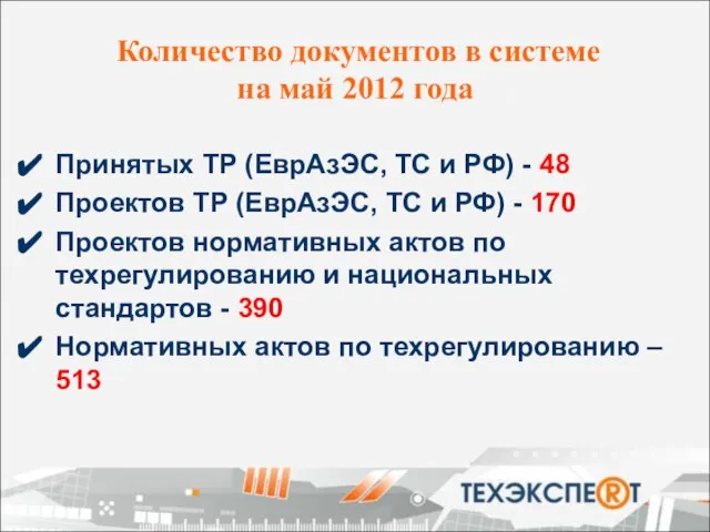 Количество документов в системе на май 2012 года Принятых ТР (ЕврАзЭС, ТС