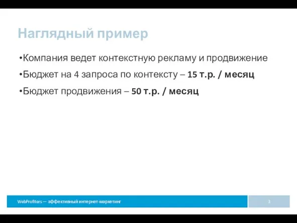 Наглядный пример Компания ведет контекстную рекламу и продвижение Бюджет на 4 запроса