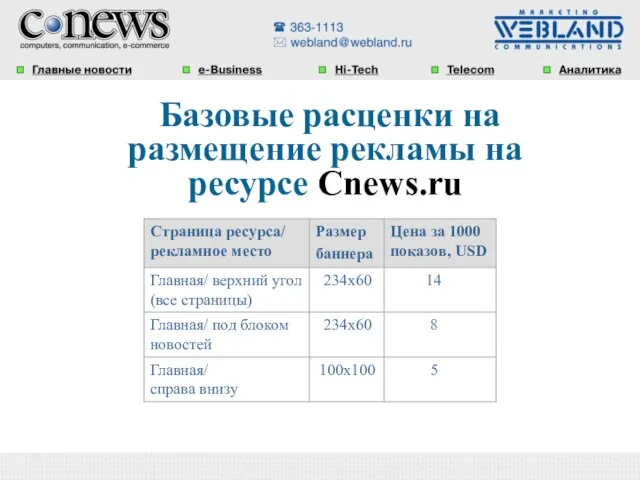 Базовые расценки на размещение рекламы на ресурсе Cnews.ru