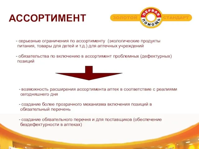 АССОРТИМЕНТ серьезные ограничения по ассортименту (экологические продукты питания, товары для детей и