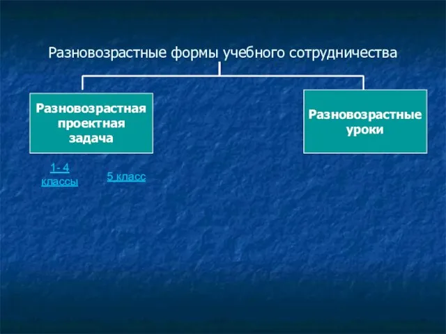 Разновозрастные формы учебного сотрудничества Разновозрастная проектная задача Разновозрастные уроки 1- 4 классы 5 класс