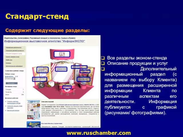 Стандарт-стенд www.ruschamber.com Содержит следующие разделы: Все разделы эконом-стенда Описание продукции и услуг