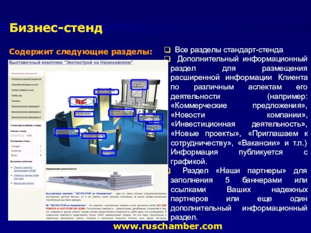 Бизнес-стенд www.ruschamber.com Содержит следующие разделы: Все разделы стандарт-стенда Дополнительный информационный раздел для