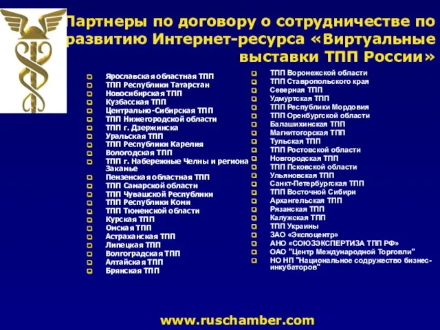 Ярославская областная ТПП ТПП Республики Татарстан Новосибирская ТПП Кузбасская ТПП Центрально-Сибирская ТПП